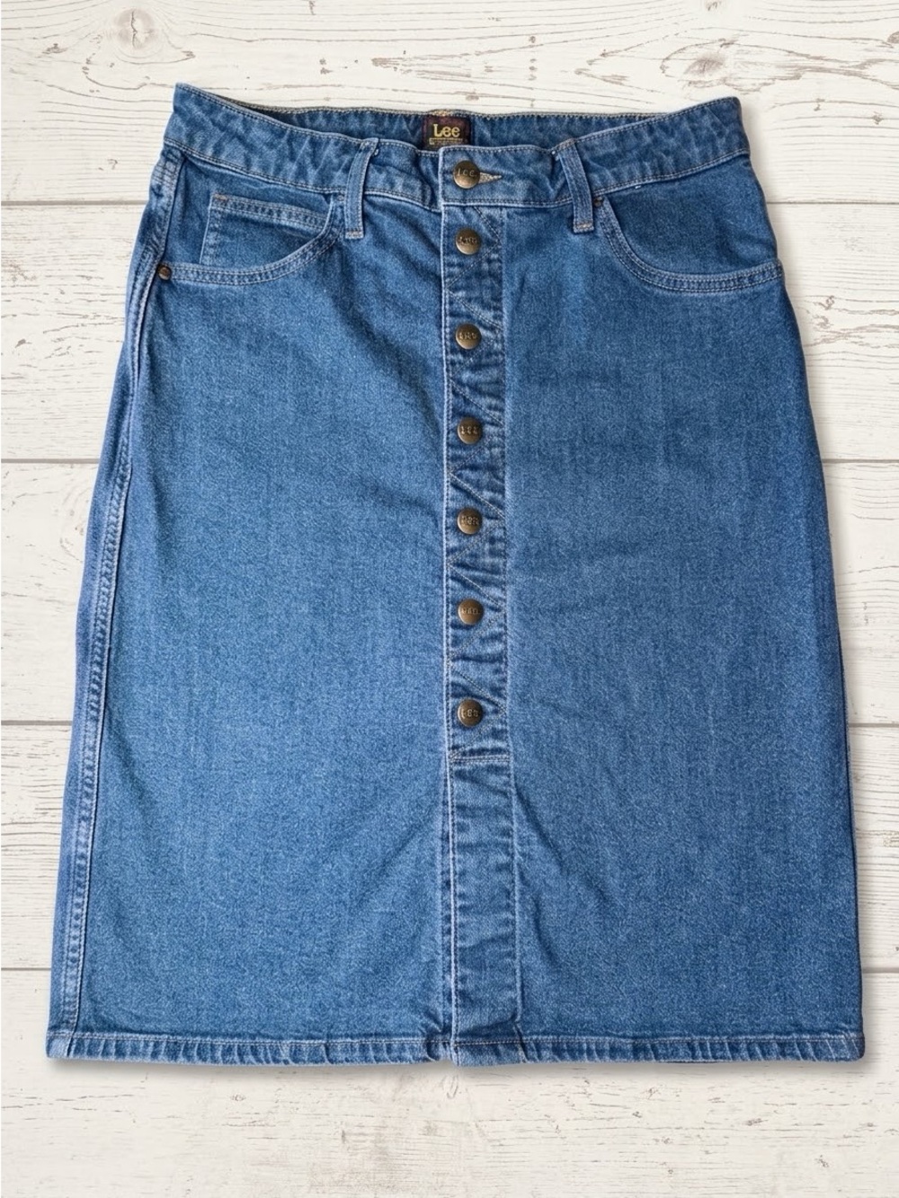Lee Heritage Medium Wash Blue Denim Button Front Midi Skirt Preppy Western Sz 6